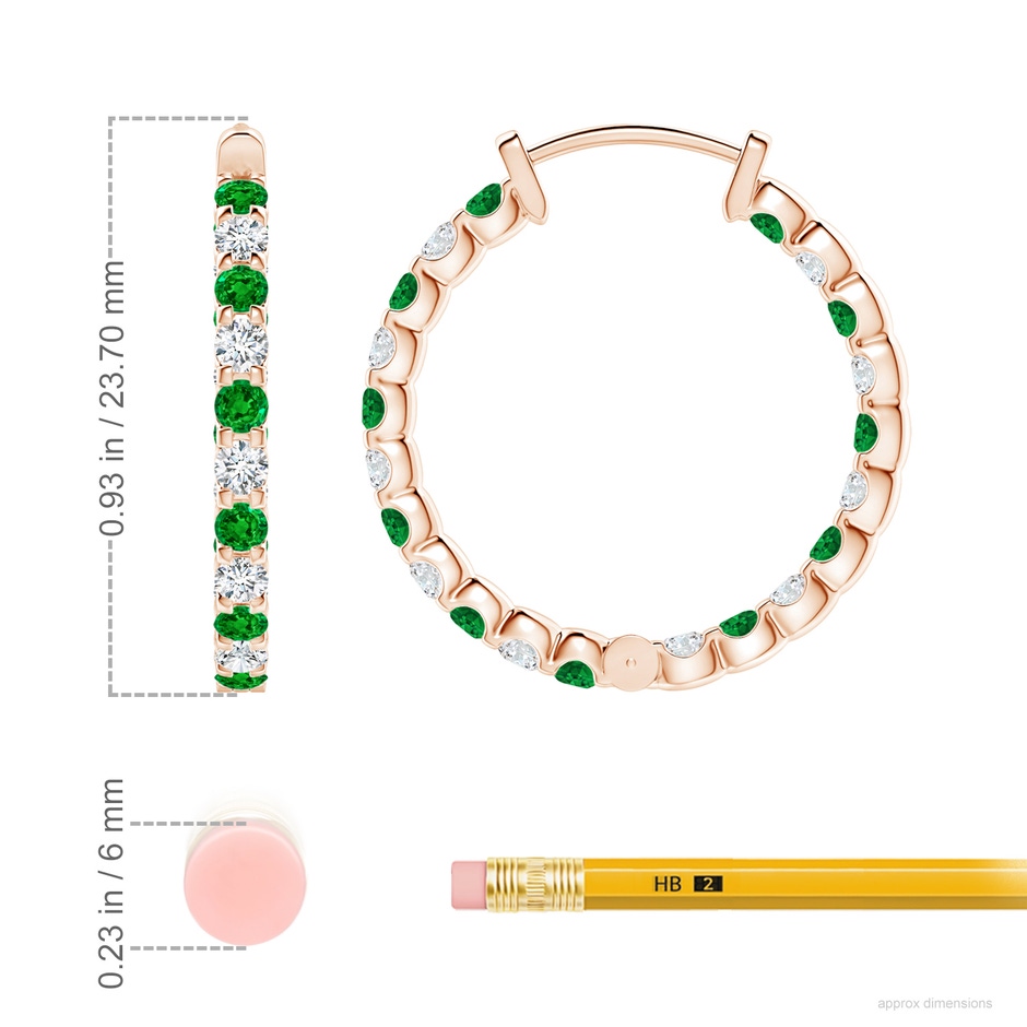 2mm AAAA Prong-Set Emerald and Diamond Inside Out Hoop Earrings in Rose Gold ruler