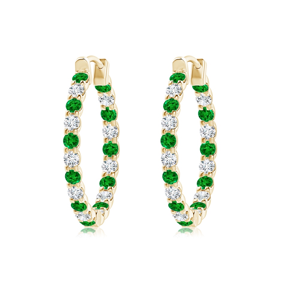 2mm AAAA Prong-Set Emerald and Diamond Inside Out Hoop Earrings in Yellow Gold 