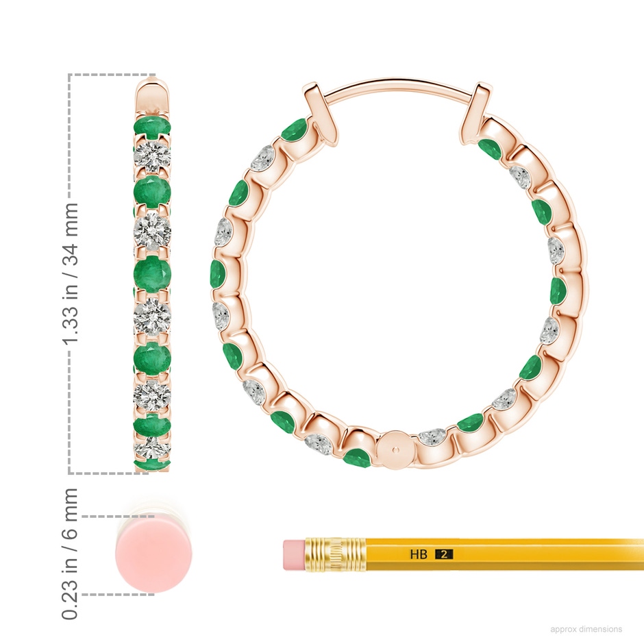 3mm A Prong-Set Emerald and Diamond Inside Out Hoop Earrings in Rose Gold ruler