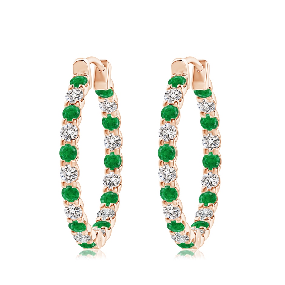 3mm AA Prong-Set Emerald and Diamond Inside Out Hoop Earrings in 9K Rose Gold 