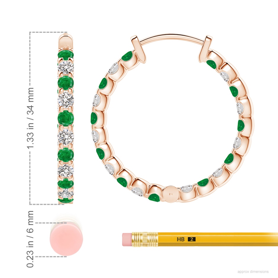 3mm AA Prong-Set Emerald and Diamond Inside Out Hoop Earrings in 9K Rose Gold ruler