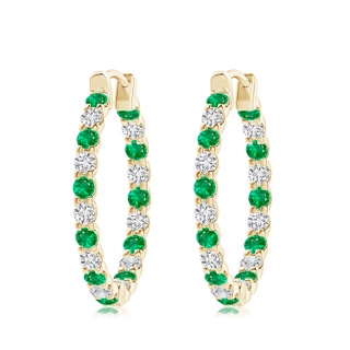 3mm AAA Prong-Set Emerald and Diamond Inside Out Hoop Earrings in 10K Yellow Gold