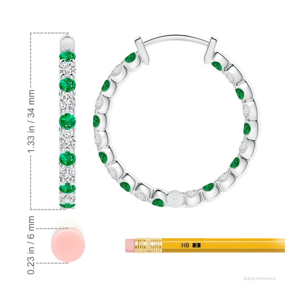 3mm AAA Prong-Set Emerald and Diamond Inside Out Hoop Earrings in P950 Platinum ruler