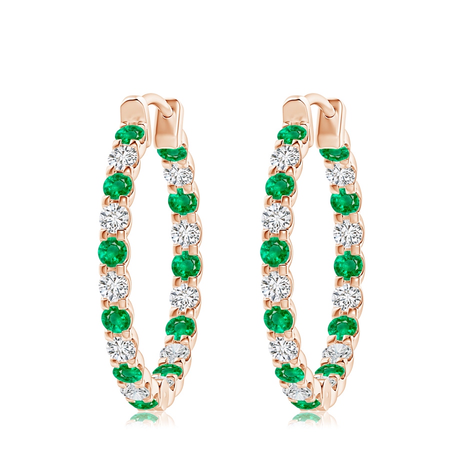 3mm AAA Prong-Set Emerald and Diamond Inside Out Hoop Earrings in Rose Gold 