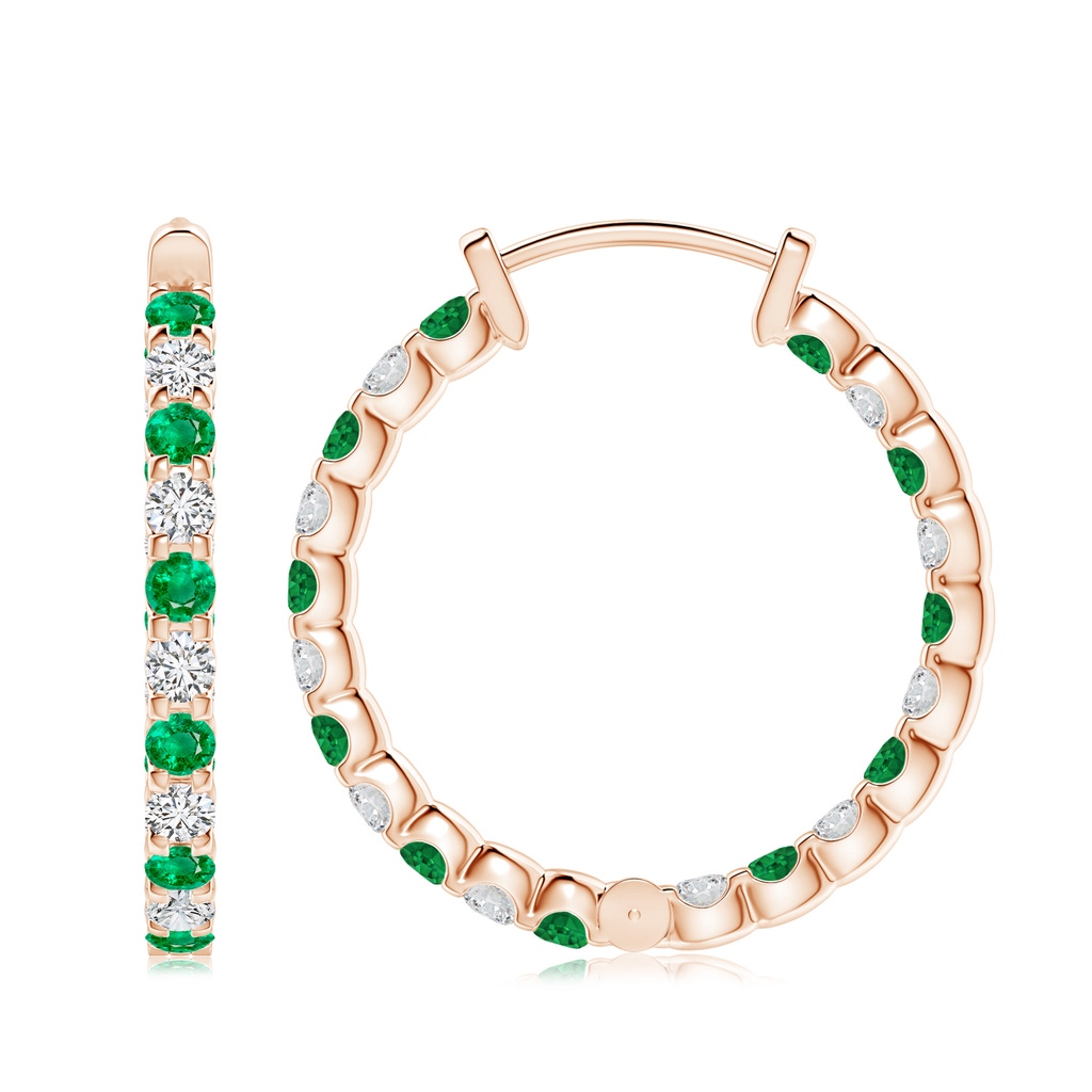 3mm AAA Prong-Set Emerald and Diamond Inside Out Hoop Earrings in Rose Gold Side 199
