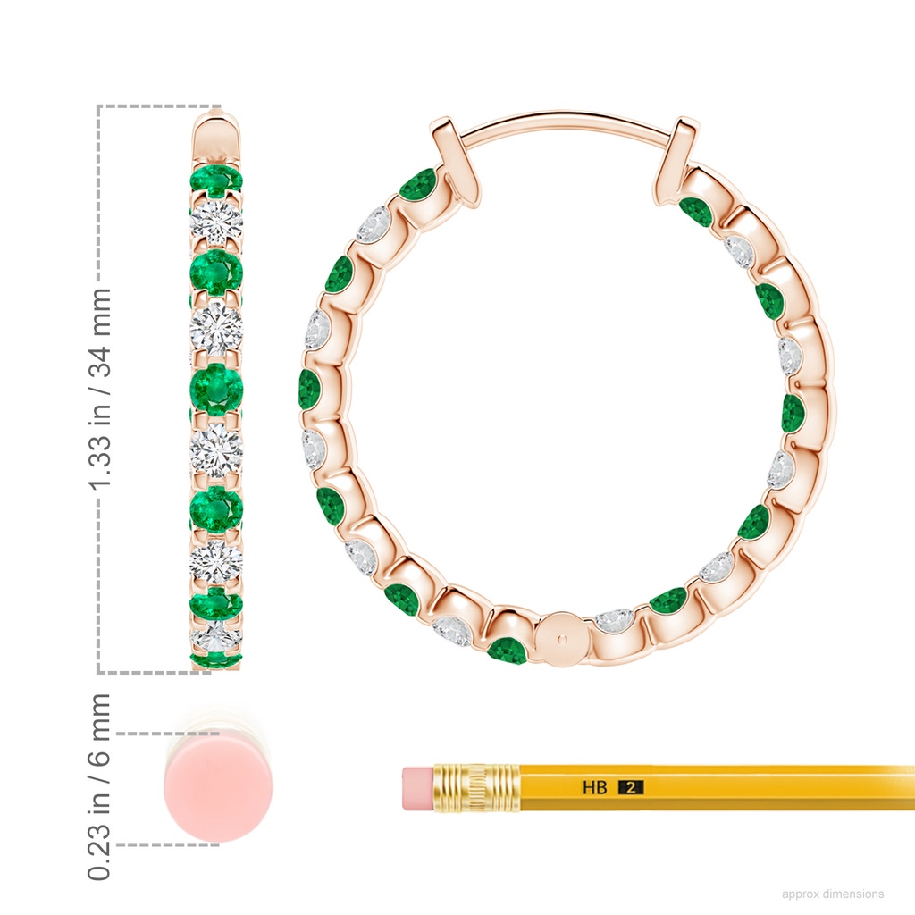 3mm AAA Prong-Set Emerald and Diamond Inside Out Hoop Earrings in Rose Gold ruler