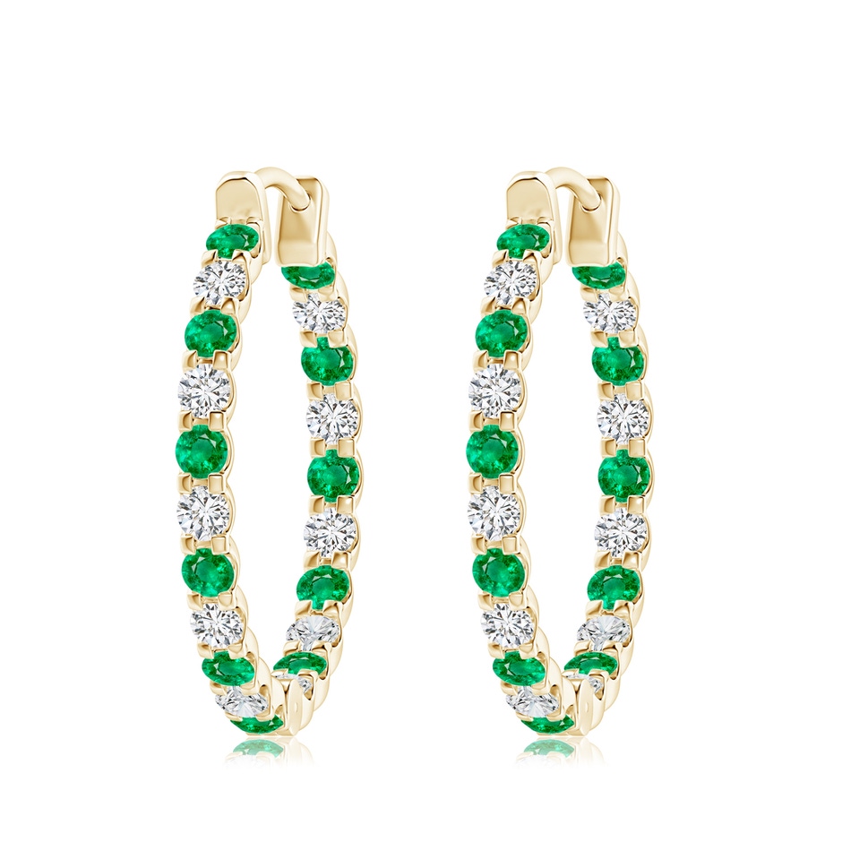 3mm AAA Prong-Set Emerald and Diamond Inside Out Hoop Earrings in Yellow Gold 