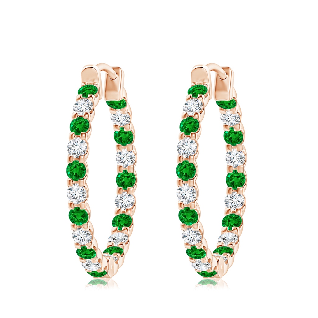 3mm AAAA Prong-Set Emerald and Diamond Inside Out Hoop Earrings in 10K Rose Gold