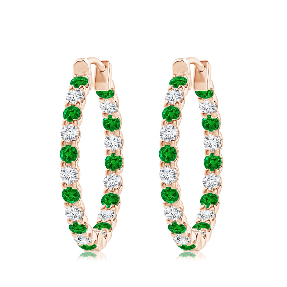 3mm AAAA Prong-Set Emerald and Diamond Inside Out Hoop Earrings in 18K Rose Gold 
