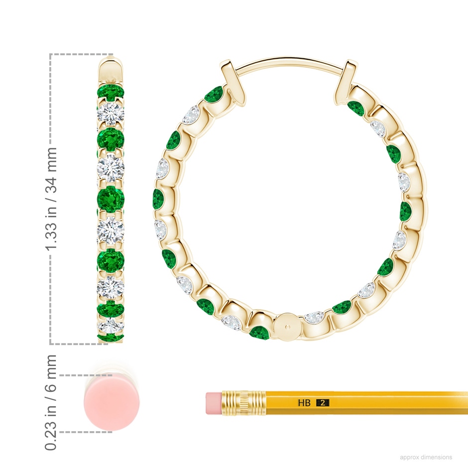 3mm AAAA Prong-Set Emerald and Diamond Inside Out Hoop Earrings in 18K Yellow Gold ruler