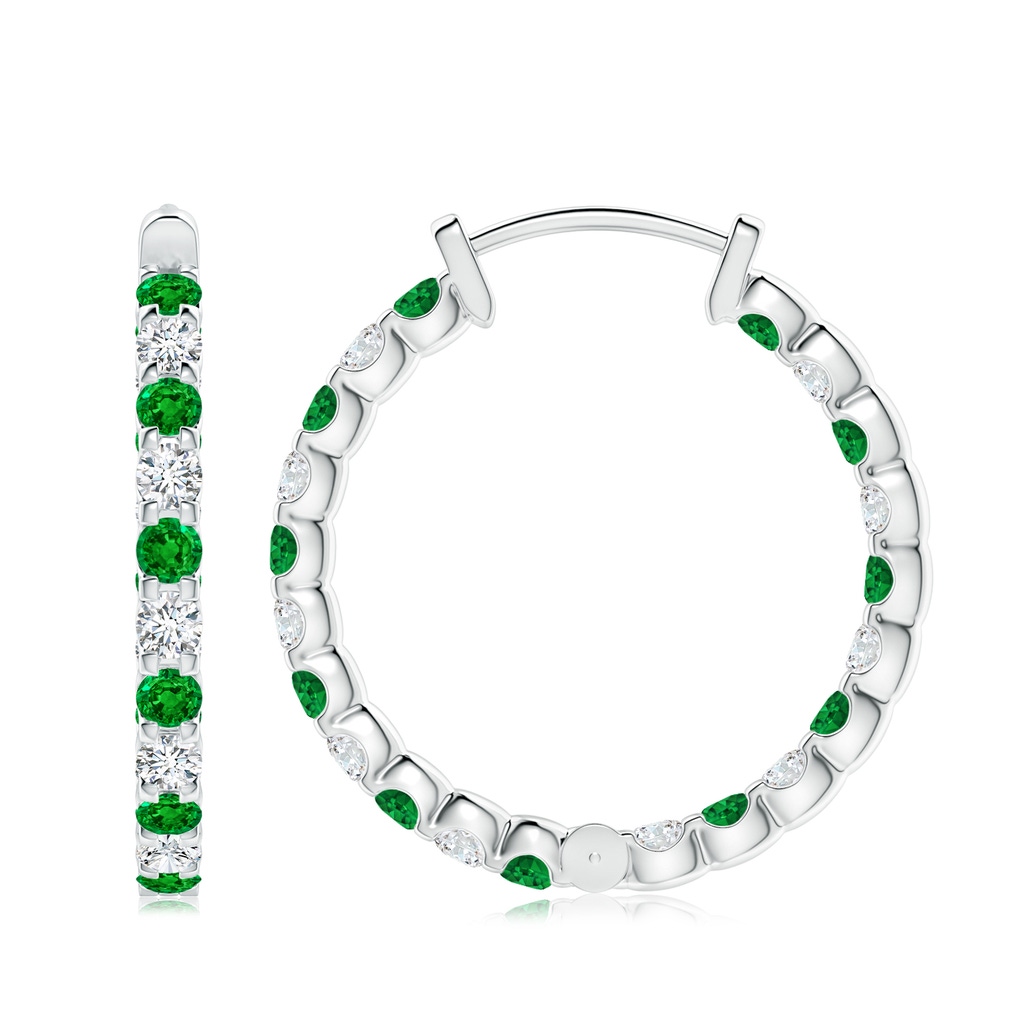 3mm AAAA Prong-Set Emerald and Diamond Inside Out Hoop Earrings in P950 Platinum Side 199