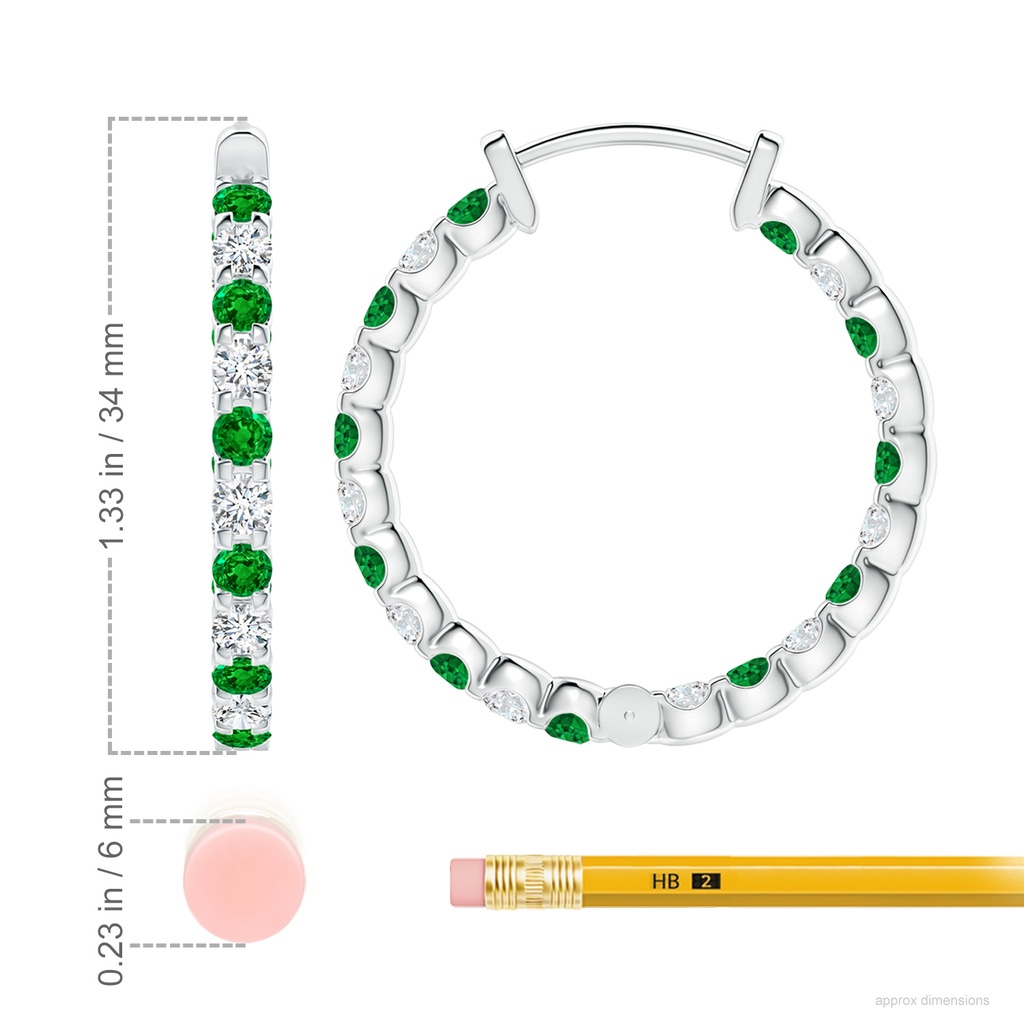 3mm AAAA Prong-Set Emerald and Diamond Inside Out Hoop Earrings in P950 Platinum ruler