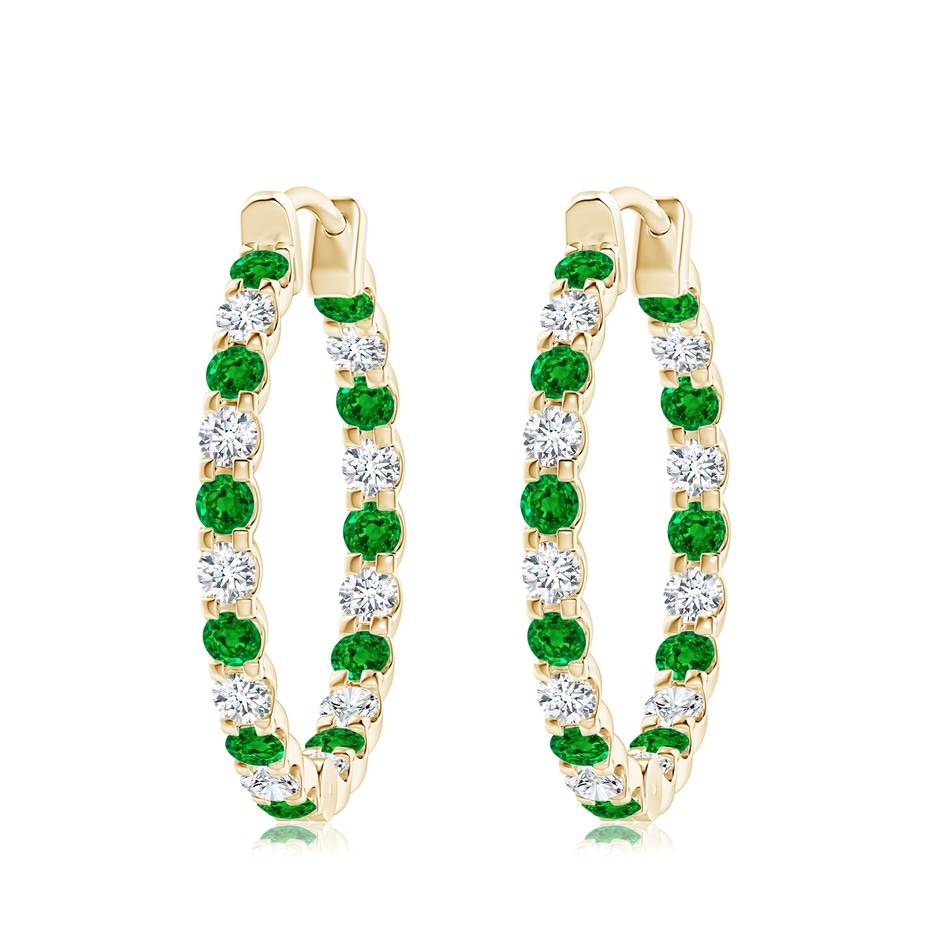 3mm AAAA Prong-Set Emerald and Diamond Inside Out Hoop Earrings in Yellow Gold 