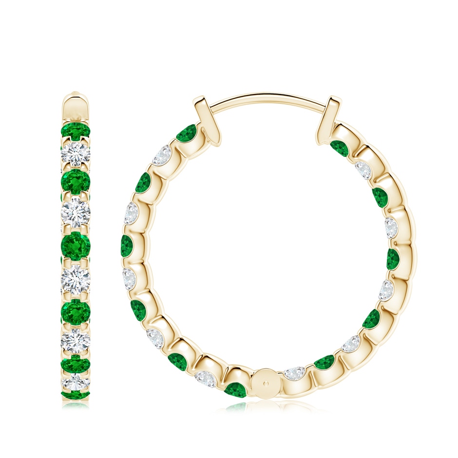 3mm AAAA Prong-Set Emerald and Diamond Inside Out Hoop Earrings in Yellow Gold side 199