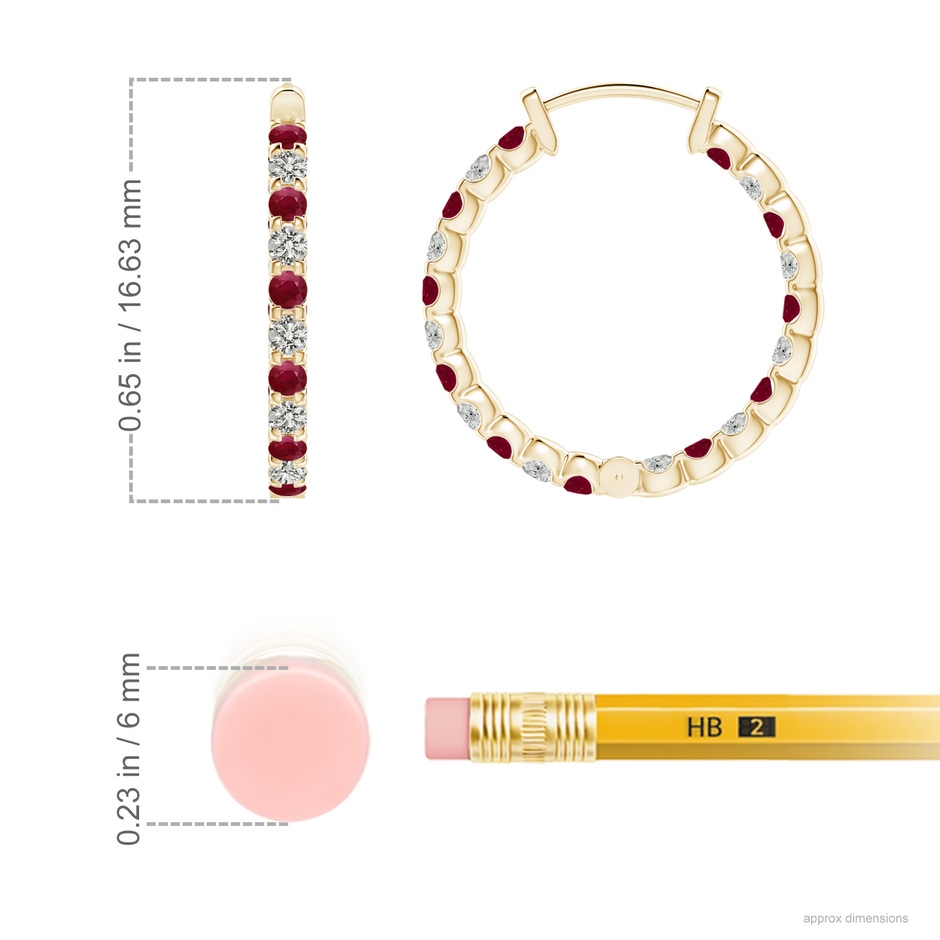 1.5mm A Prong-Set Ruby and Diamond Inside Out Hoop Earrings in Yellow Gold ruler