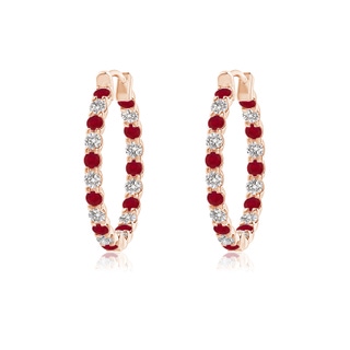 1.5mm AA Prong-Set Ruby and Diamond Inside Out Hoop Earrings in 9K Rose Gold