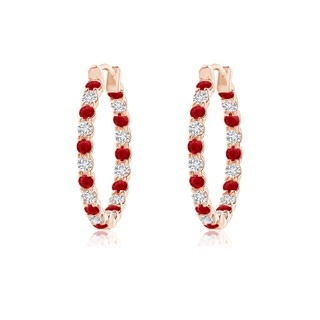 1.5mm AAA Prong-Set Ruby and Diamond Inside Out Hoop Earrings in 10K Rose Gold