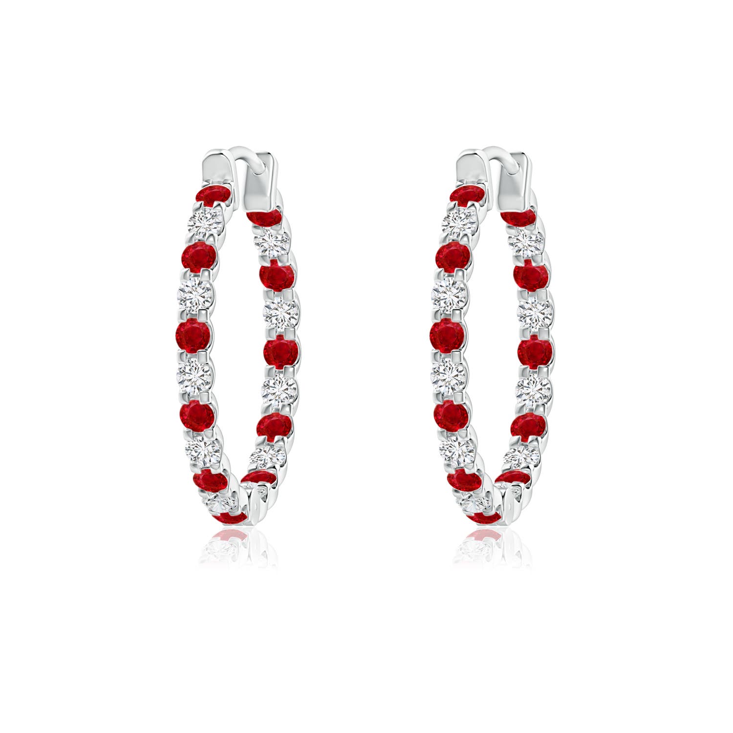 1.5mm AAA Prong-Set Ruby and Diamond Inside Out Hoop Earrings in 18K White Gold