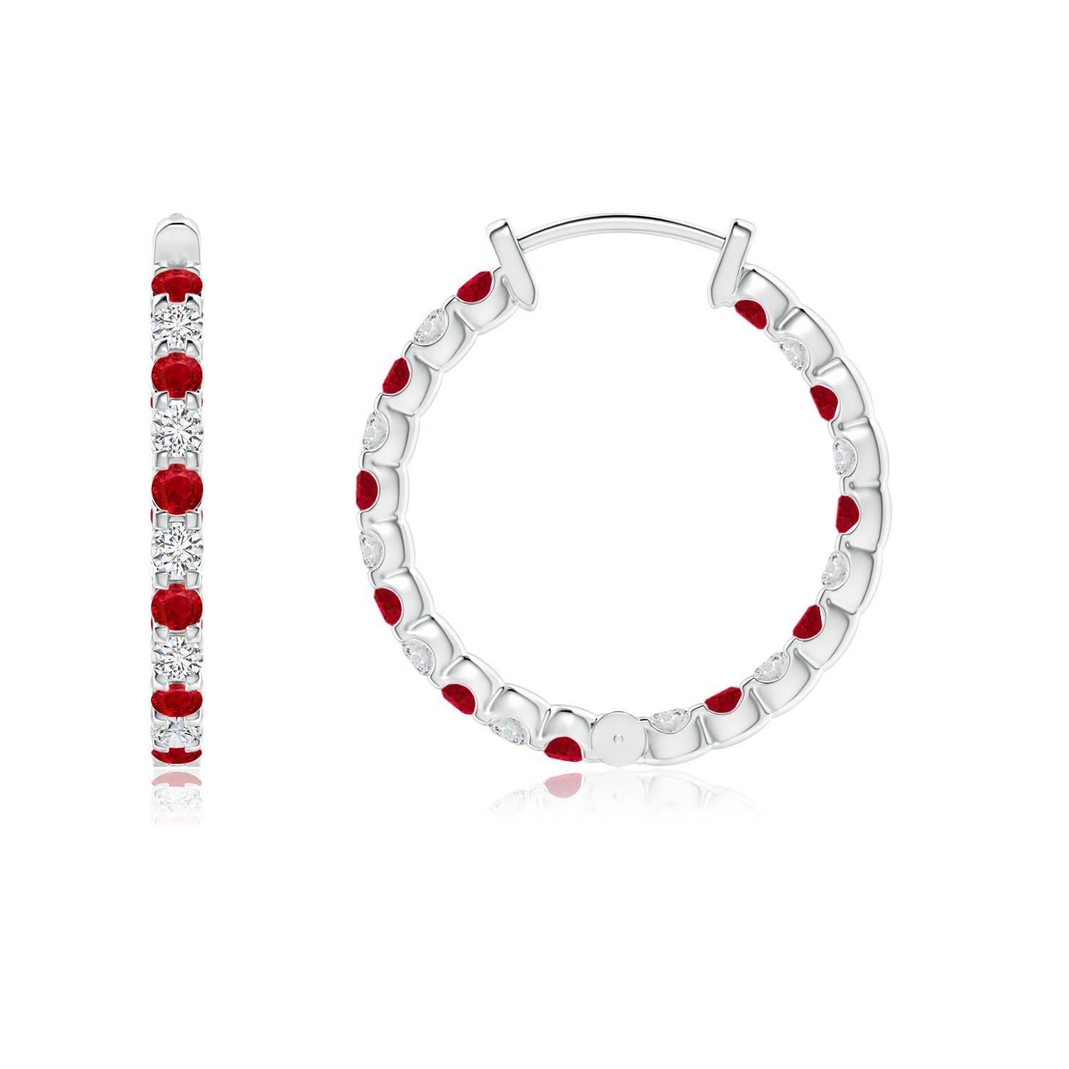 1.5mm AAA Prong-Set Ruby and Diamond Inside Out Hoop Earrings in 18K White Gold