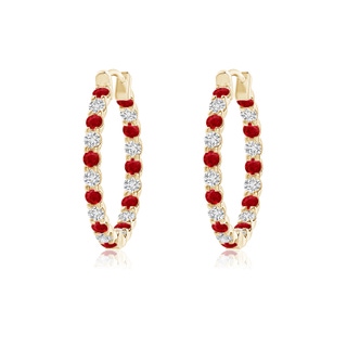 1.5mm AAA Prong-Set Ruby and Diamond Inside Out Hoop Earrings in 9K Yellow Gold