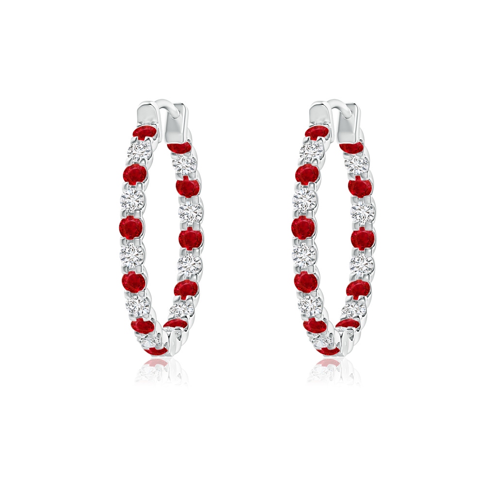 1.5mm AAA Prong-Set Ruby and Diamond Inside Out Hoop Earrings in White Gold 