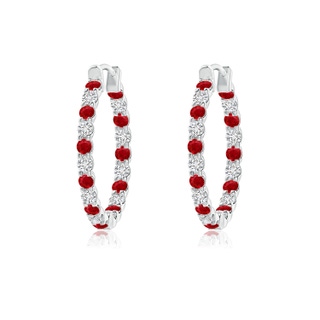 1.5mm AAA Prong-Set Ruby and Diamond Inside Out Hoop Earrings in White Gold