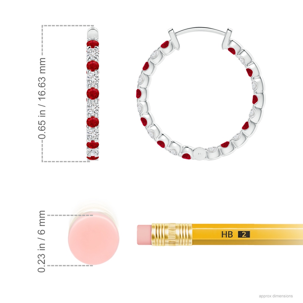 1.5mm AAA Prong-Set Ruby and Diamond Inside Out Hoop Earrings in White Gold ruler