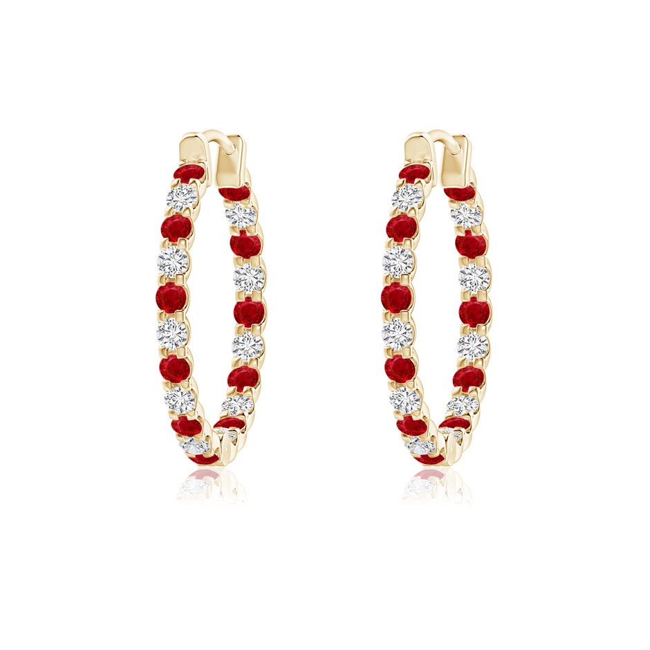 1.5mm AAA Prong-Set Ruby and Diamond Inside Out Hoop Earrings in Yellow Gold 