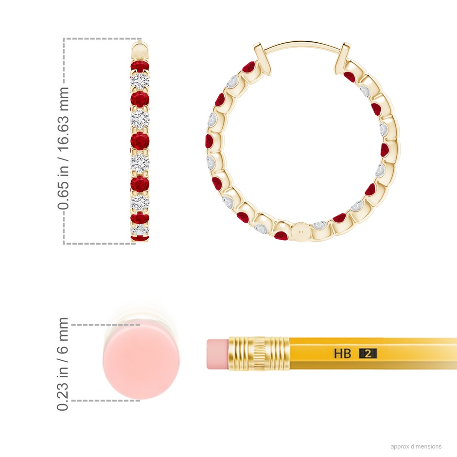 1.5mm AAA Prong-Set Ruby and Diamond Inside Out Hoop Earrings in Yellow Gold ruler