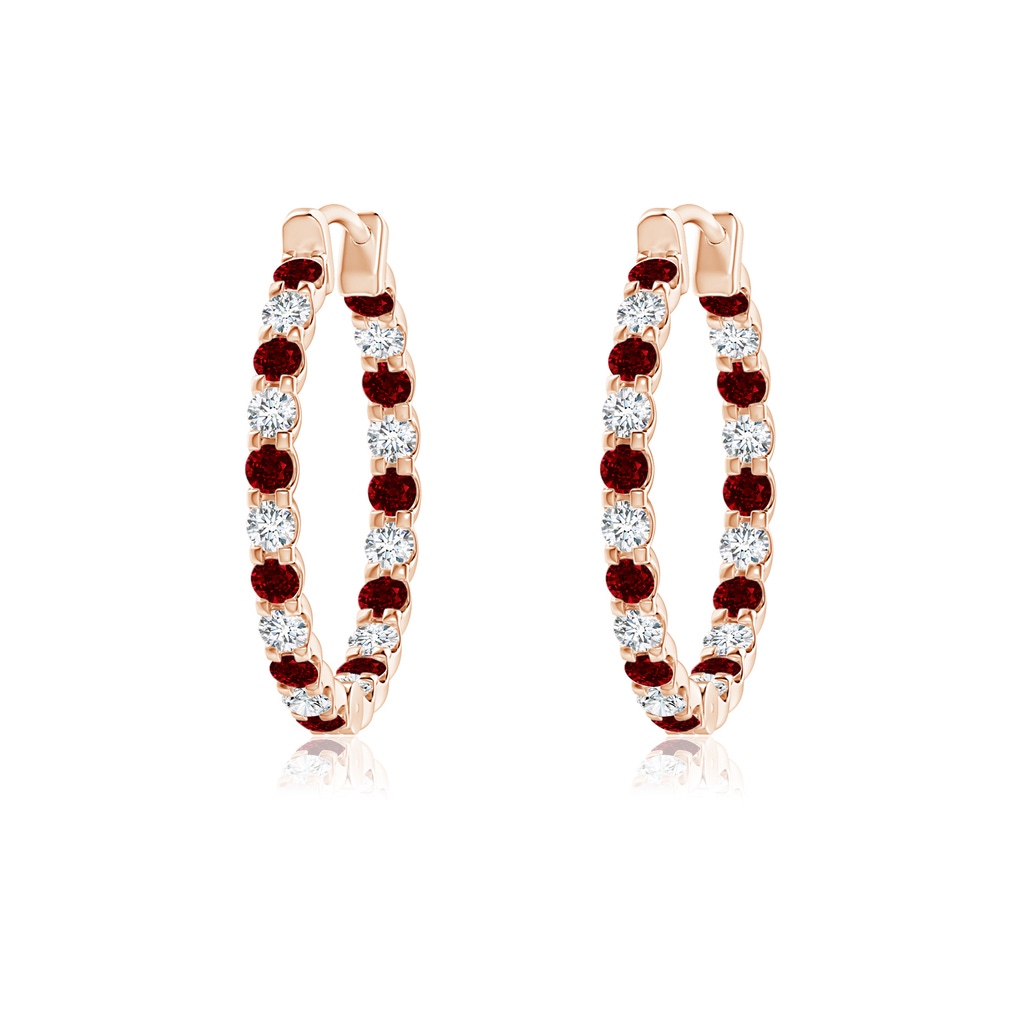 1.5mm AAAA Prong-Set Ruby and Diamond Inside Out Hoop Earrings in Rose Gold