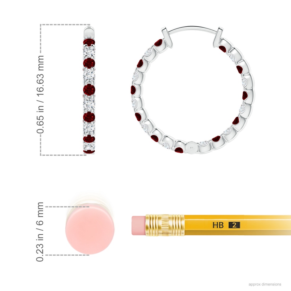 1.5mm AAAA Prong-Set Ruby and Diamond Inside Out Hoop Earrings in White Gold ruler