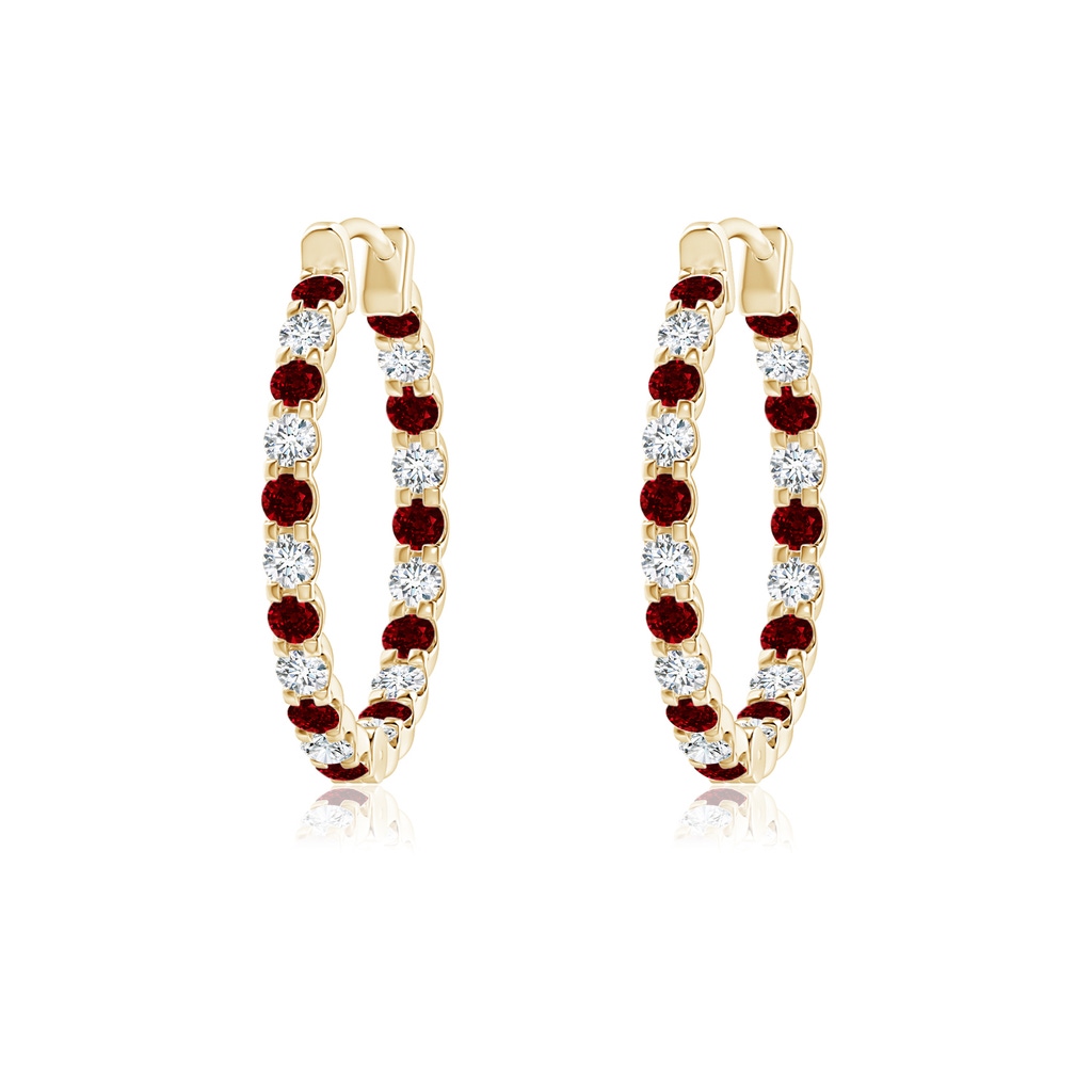1.5mm AAAA Prong-Set Ruby and Diamond Inside Out Hoop Earrings in Yellow Gold