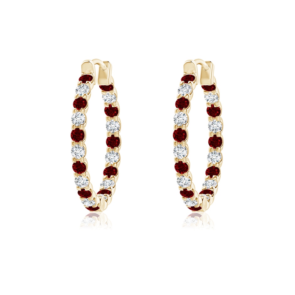 1.5mm AAAA Prong-Set Ruby and Diamond Inside Out Hoop Earrings in Yellow Gold 