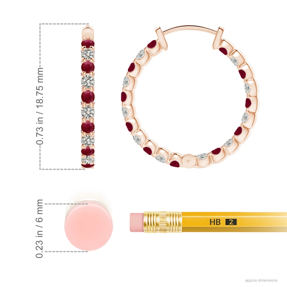 1.7mm A Prong-Set Ruby and Diamond Inside Out Hoop Earrings in Rose Gold ruler