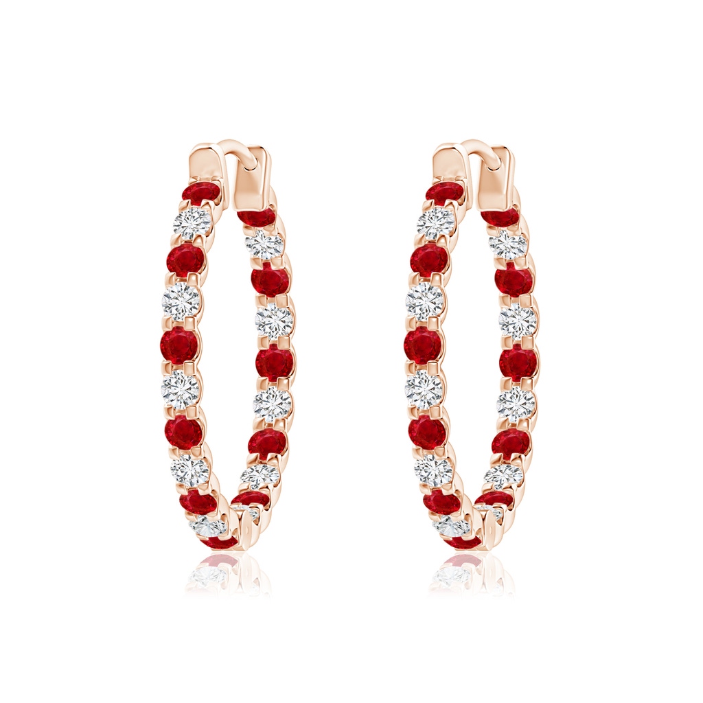 1.7mm AAA Prong-Set Ruby and Diamond Inside Out Hoop Earrings in Rose Gold