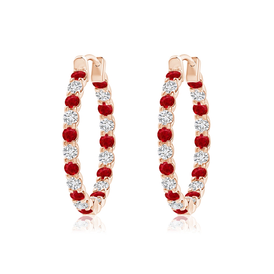 1.7mm AAA Prong-Set Ruby and Diamond Inside Out Hoop Earrings in Rose Gold 