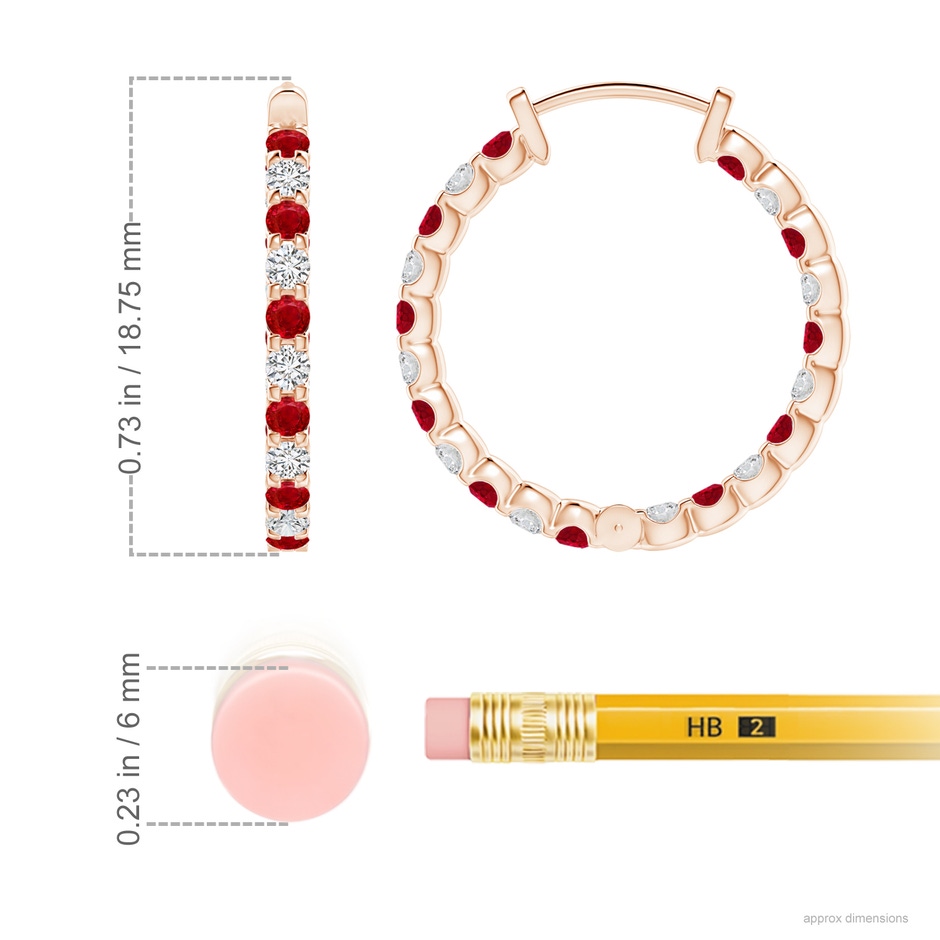 1.7mm AAA Prong-Set Ruby and Diamond Inside Out Hoop Earrings in Rose Gold ruler