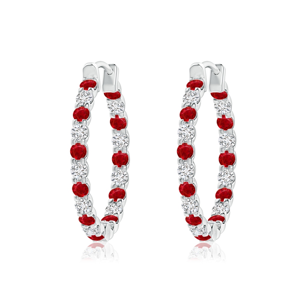 1.7mm AAA Prong-Set Ruby and Diamond Inside Out Hoop Earrings in White Gold 