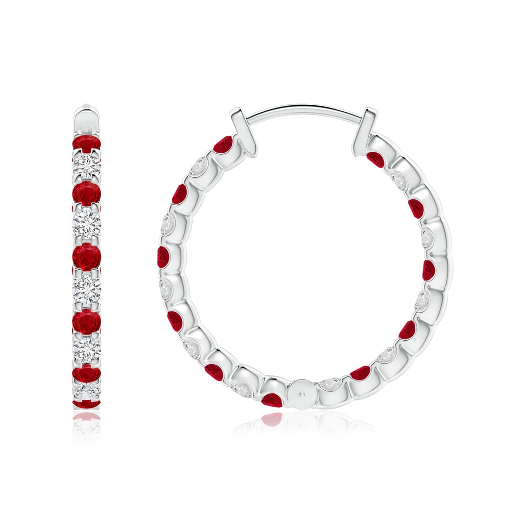 1.7mm AAA Prong-Set Ruby and Diamond Inside Out Hoop Earrings in White Gold Side 199