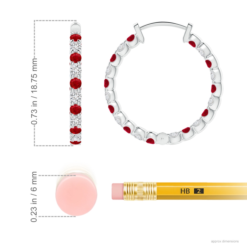 1.7mm AAA Prong-Set Ruby and Diamond Inside Out Hoop Earrings in White Gold ruler