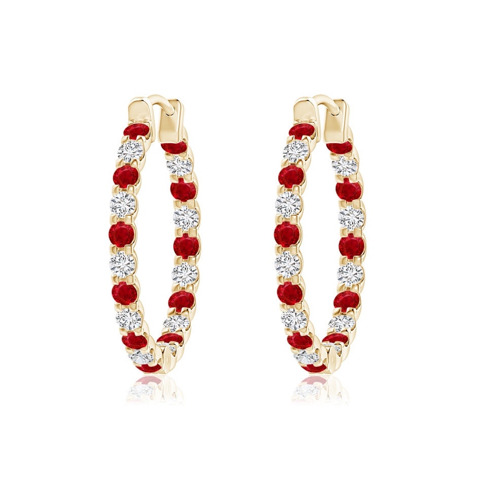 1.7mm AAA Prong-Set Ruby and Diamond Inside Out Hoop Earrings in Yellow Gold 