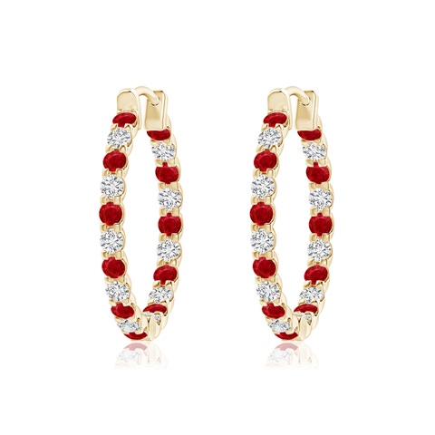 1.7mm AAA Prong-Set Ruby and Diamond Inside Out Hoop Earrings in Yellow Gold