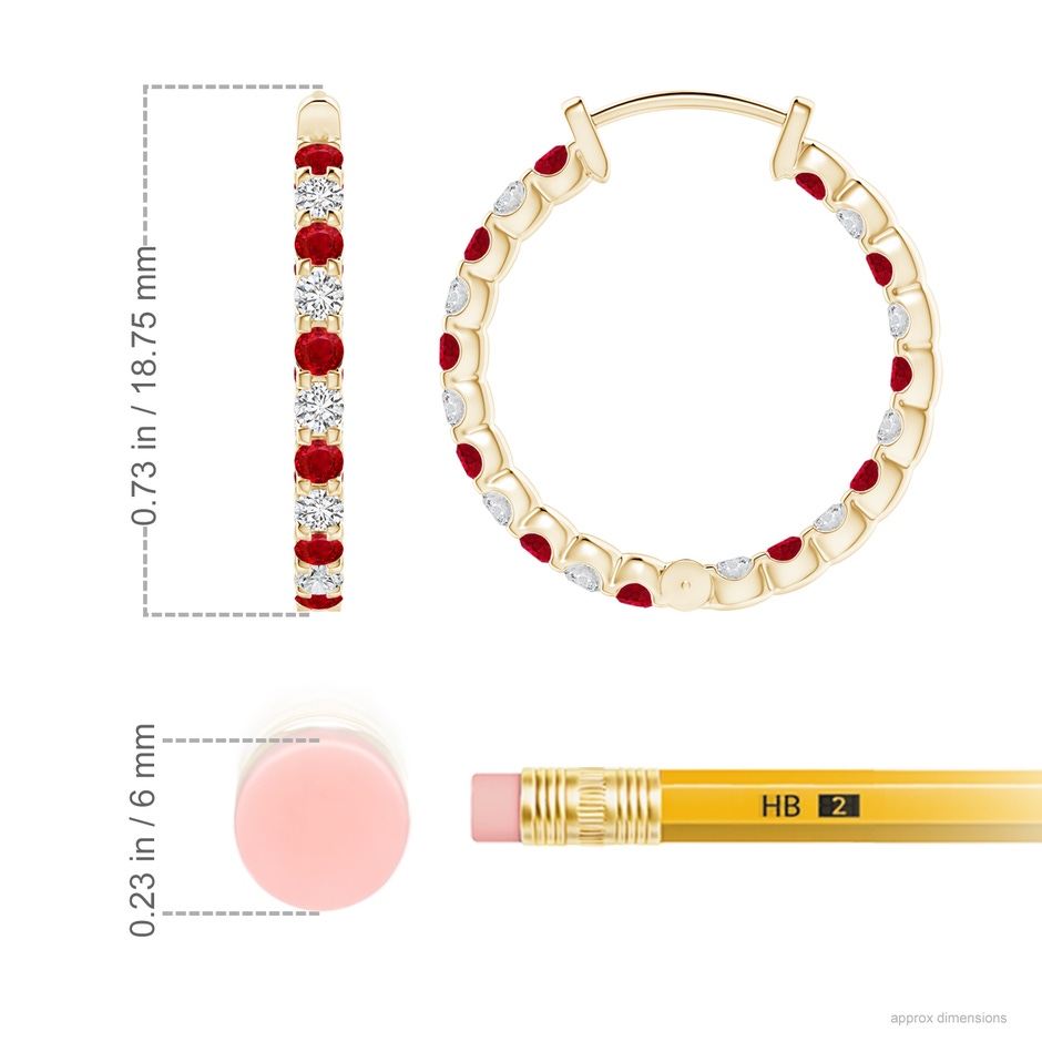 1.7mm AAA Prong-Set Ruby and Diamond Inside Out Hoop Earrings in Yellow Gold ruler