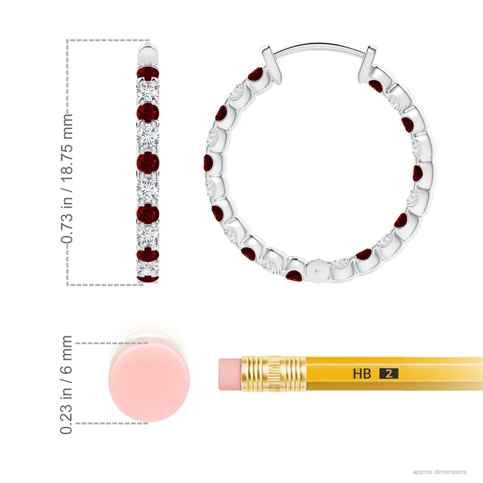 1.7mm AAAA Prong-Set Ruby and Diamond Inside Out Hoop Earrings in White Gold ruler