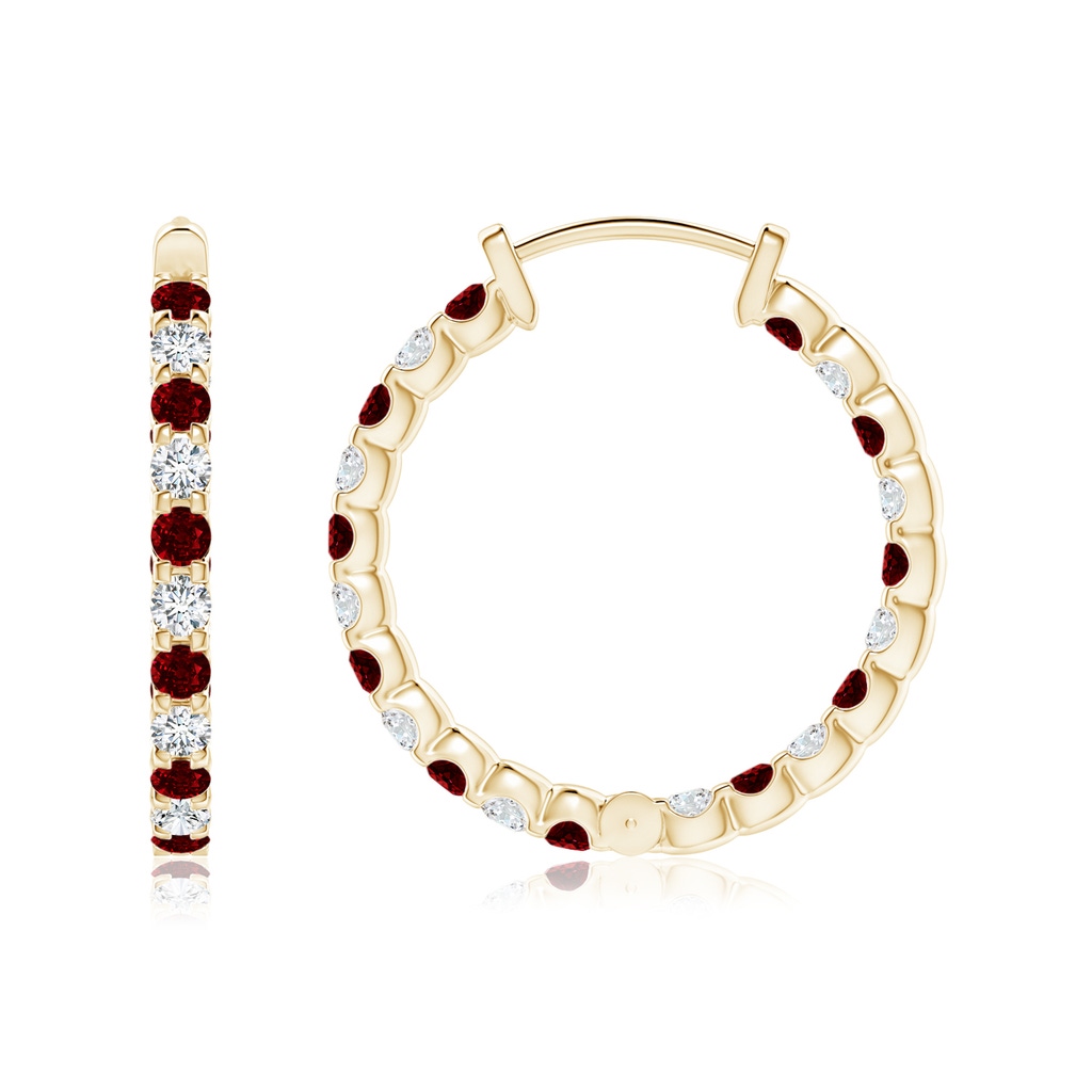 1.7mm AAAA Prong-Set Ruby and Diamond Inside Out Hoop Earrings in Yellow Gold Side 199