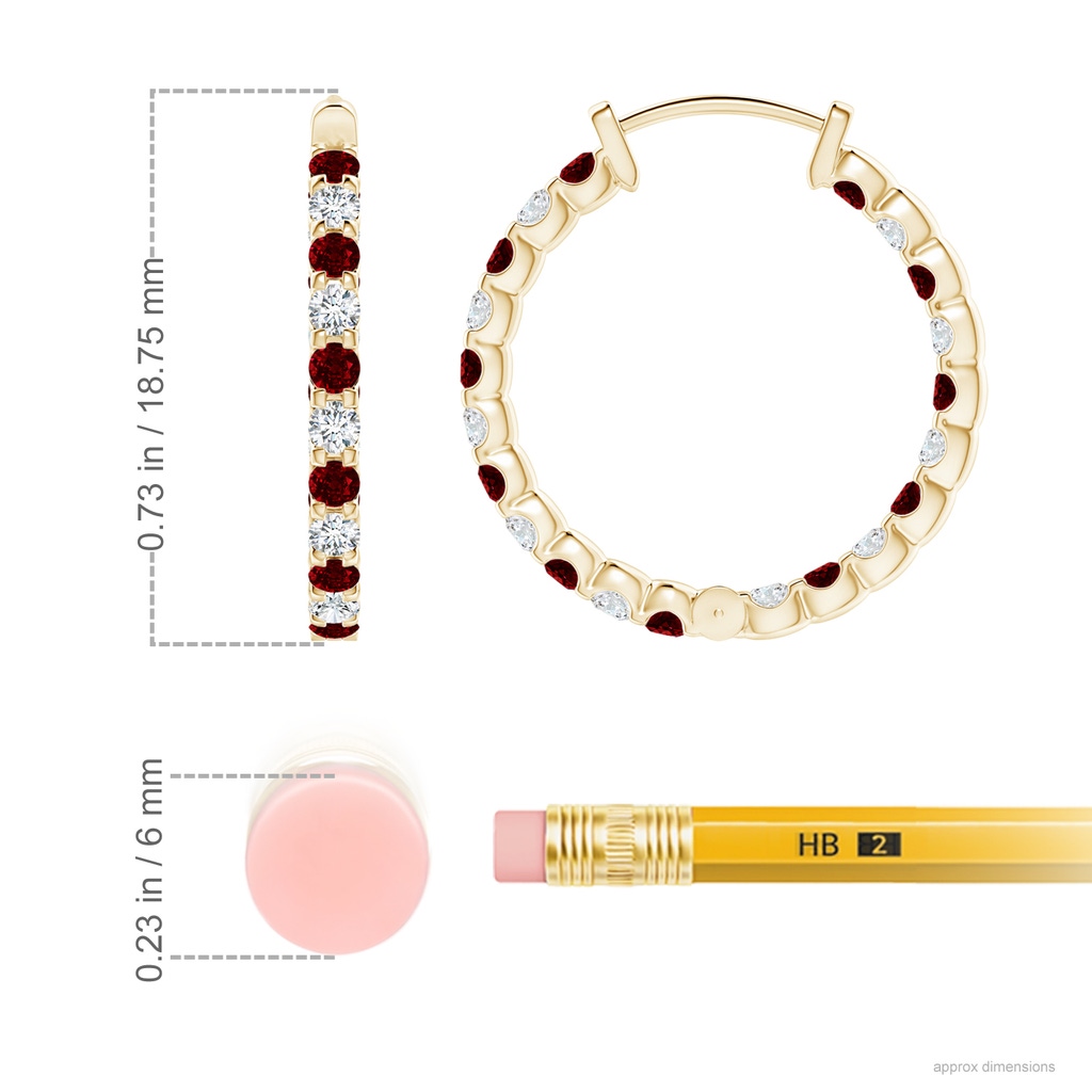 1.7mm AAAA Prong-Set Ruby and Diamond Inside Out Hoop Earrings in Yellow Gold ruler