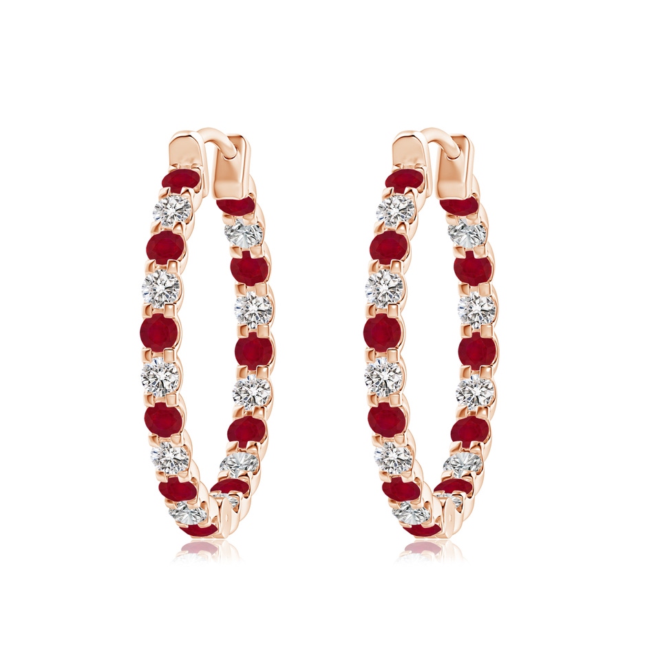 2.5mm AA Prong-Set Ruby and Diamond Inside Out Hoop Earrings in Rose Gold 