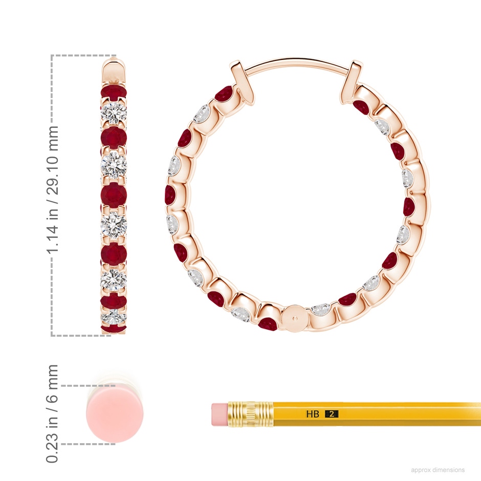 2.5mm AA Prong-Set Ruby and Diamond Inside Out Hoop Earrings in Rose Gold ruler