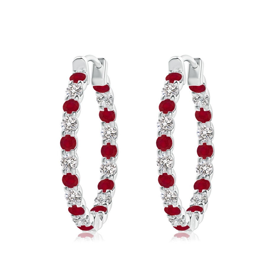 2.5mm AA Prong-Set Ruby and Diamond Inside Out Hoop Earrings in White Gold 