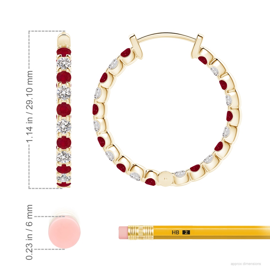 2.5mm AA Prong-Set Ruby and Diamond Inside Out Hoop Earrings in Yellow Gold ruler